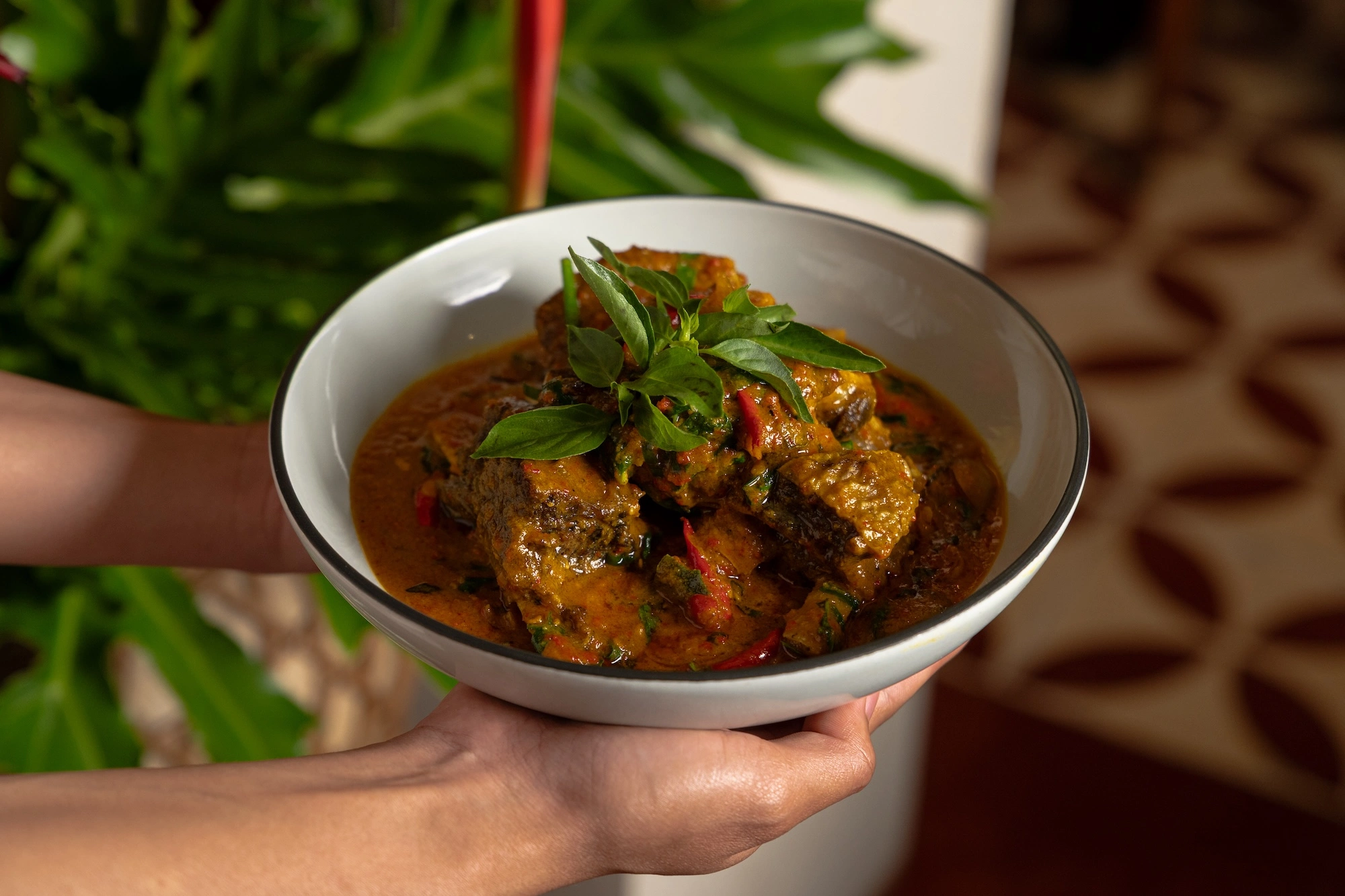 A bowl of meat braised in a thick red sauce with chillies and fresh basil, held out in both hands