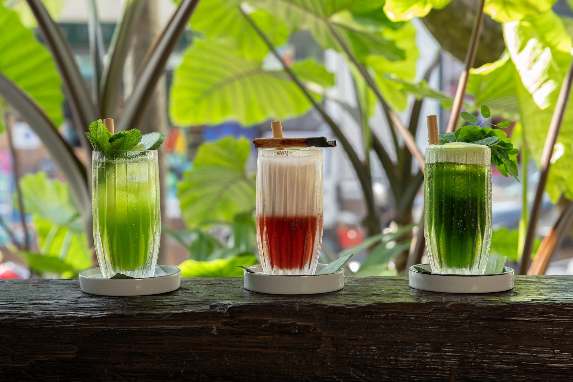 Three herbal drinks on a wooden ledge against taro leaves — two green, one red under a white foam