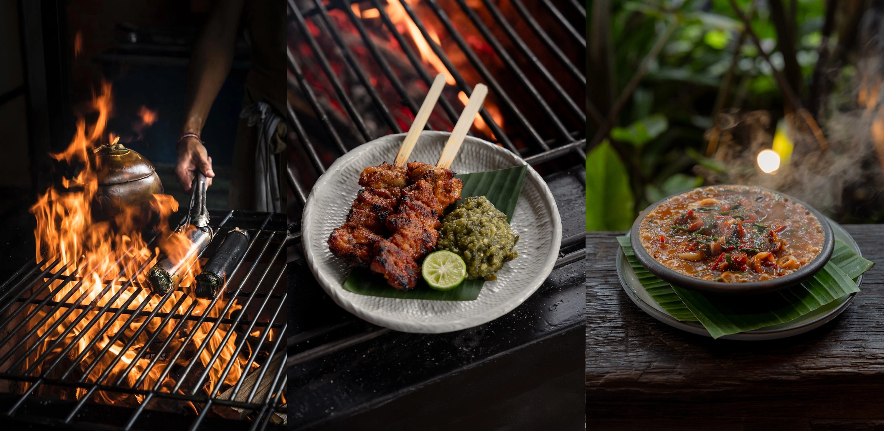 Three frames of small dishes — skewers over the flames of the grill, sate with a green sambal and lime, and a bowl of stew on a banana leaf