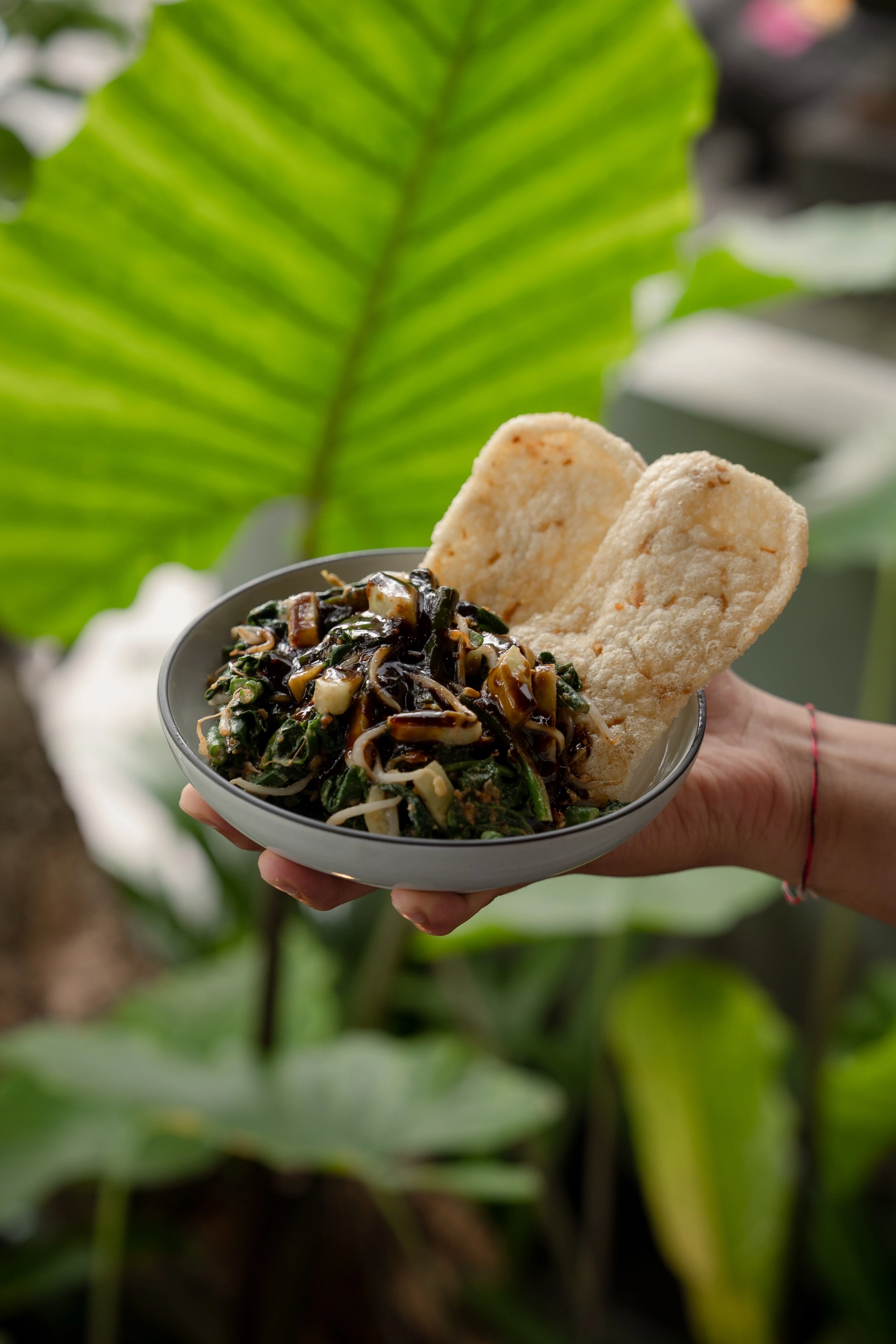 A bowl of dark greens with shallots and two crackers, held out against a giant taro leaf